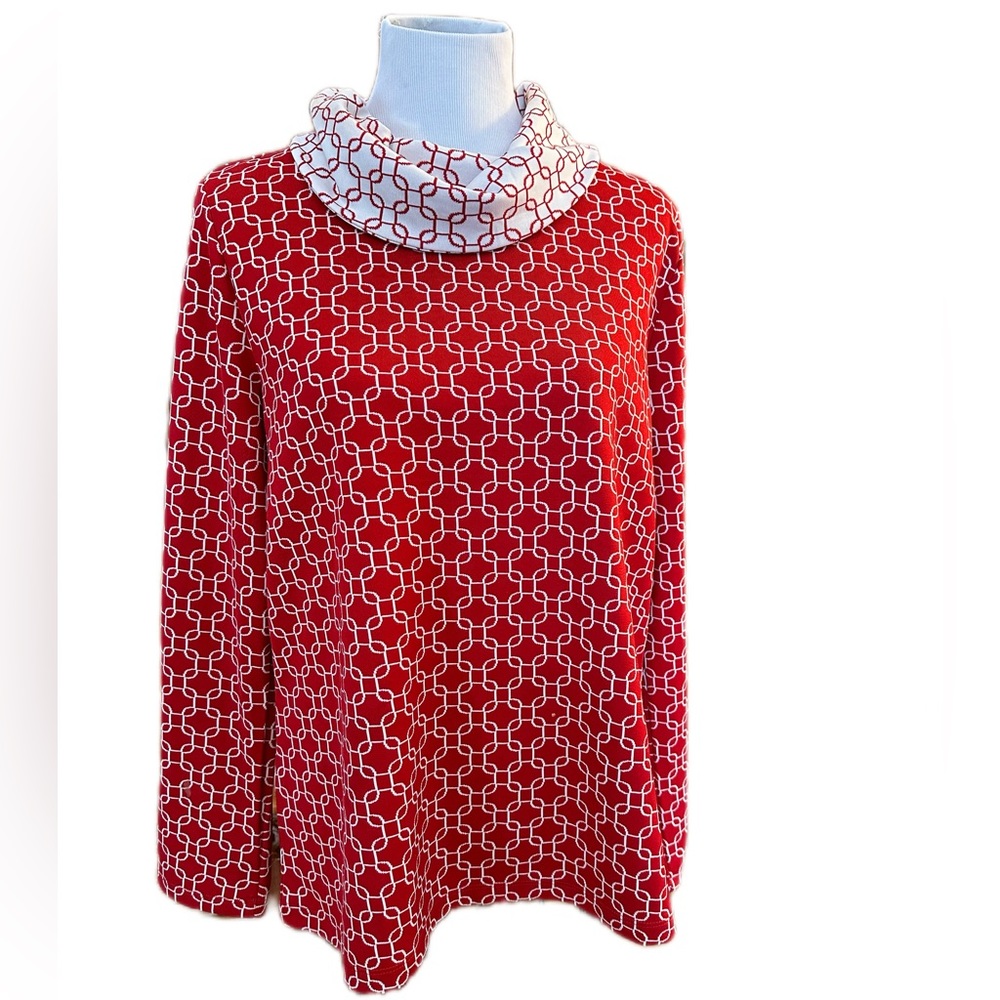 Chico's Red and White Geometric Cowl Neck Top size 2 Large Weekends by Chico’s